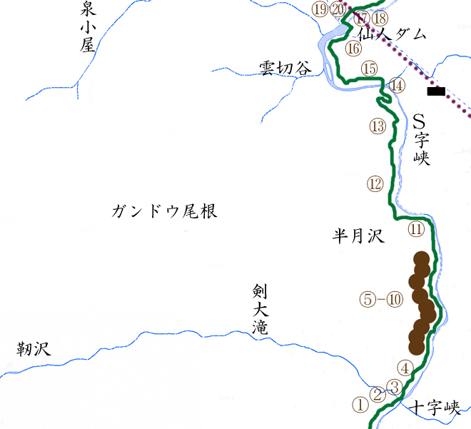 十字峡⇒仙人ダムの地図